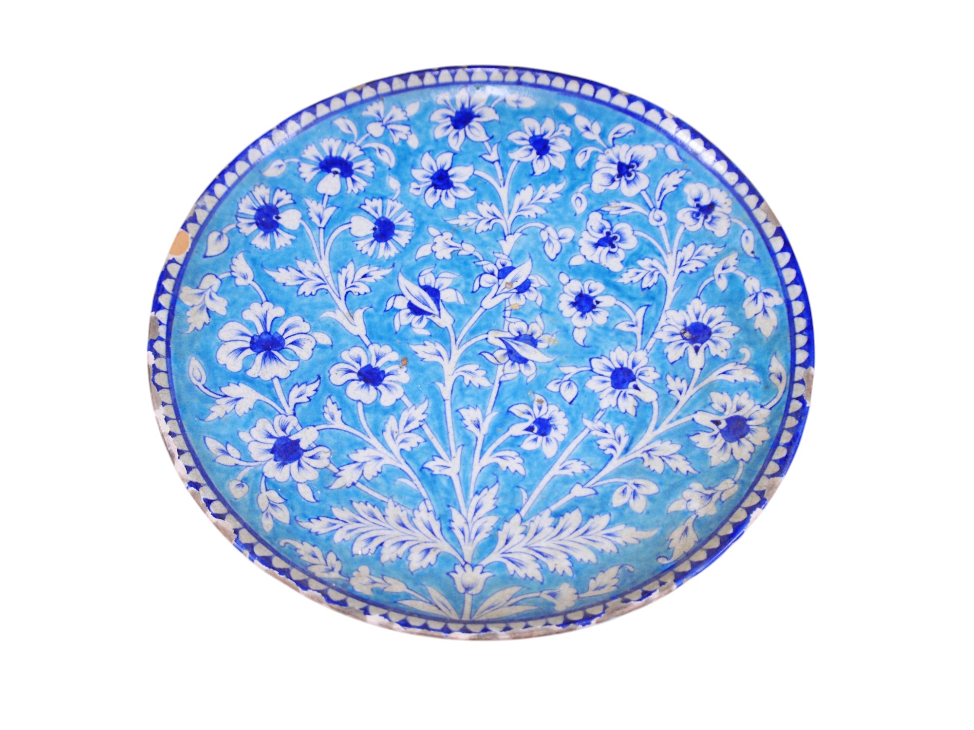 A Persian turquoise ground terracotta charger, 44cm diameter. Condition - rim chipped